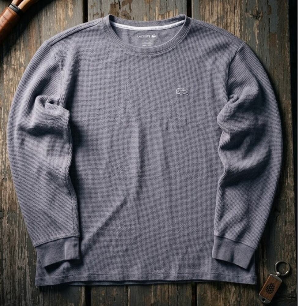 Lacoste Mens Medium Waffle Knit Thermal Long Sleeve Shirt Sleepwear Grey Logo